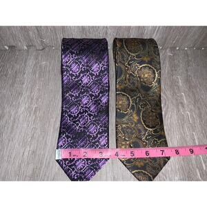 Men's MENZ Silk Necktie 2 pc Set Purple‎ & Black Floral Geometric Design